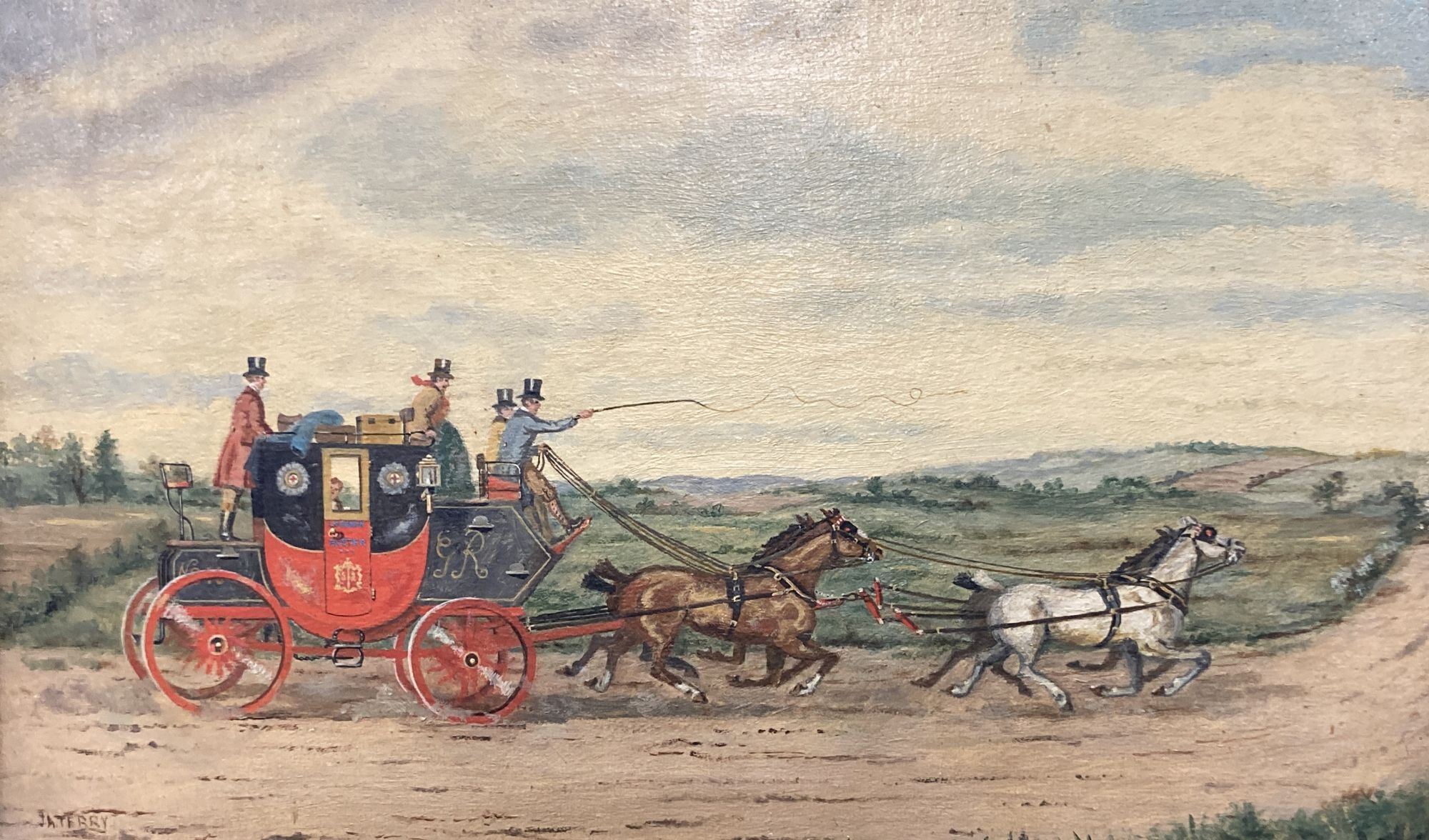 J.A.Terry, oil on canvas, The London to Exeter mail coach, signed, 32 x 52cm
